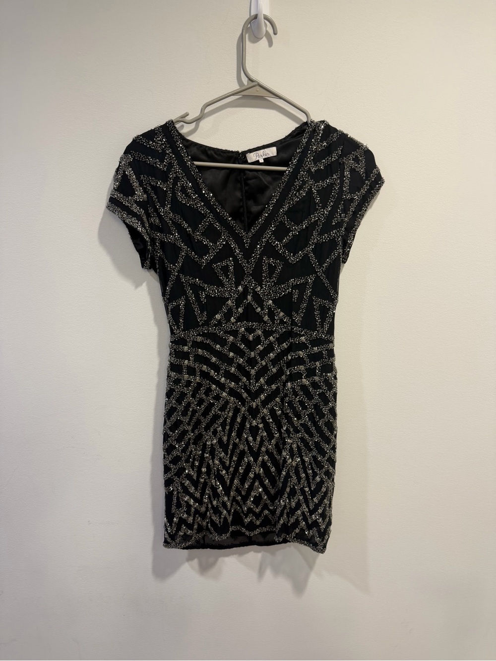 Parker Black Beaded V-Neck Mini Dress